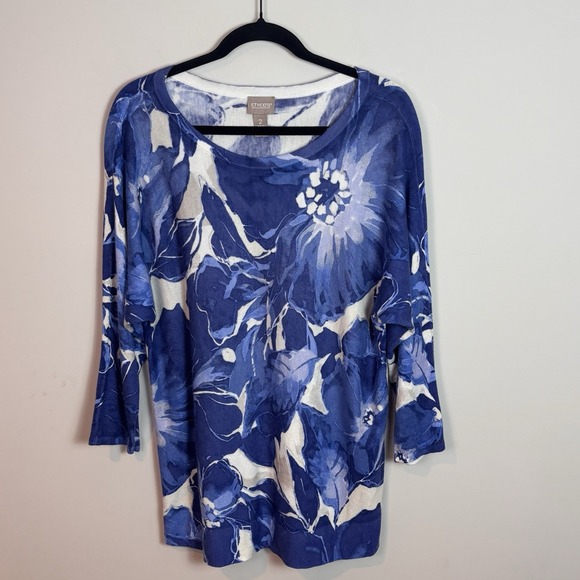 Chico's Sweaters - Chico's Womens Blue Floral 3/4 Sleeve Cashmere Blend Tunic Sweater sz 2/Large
